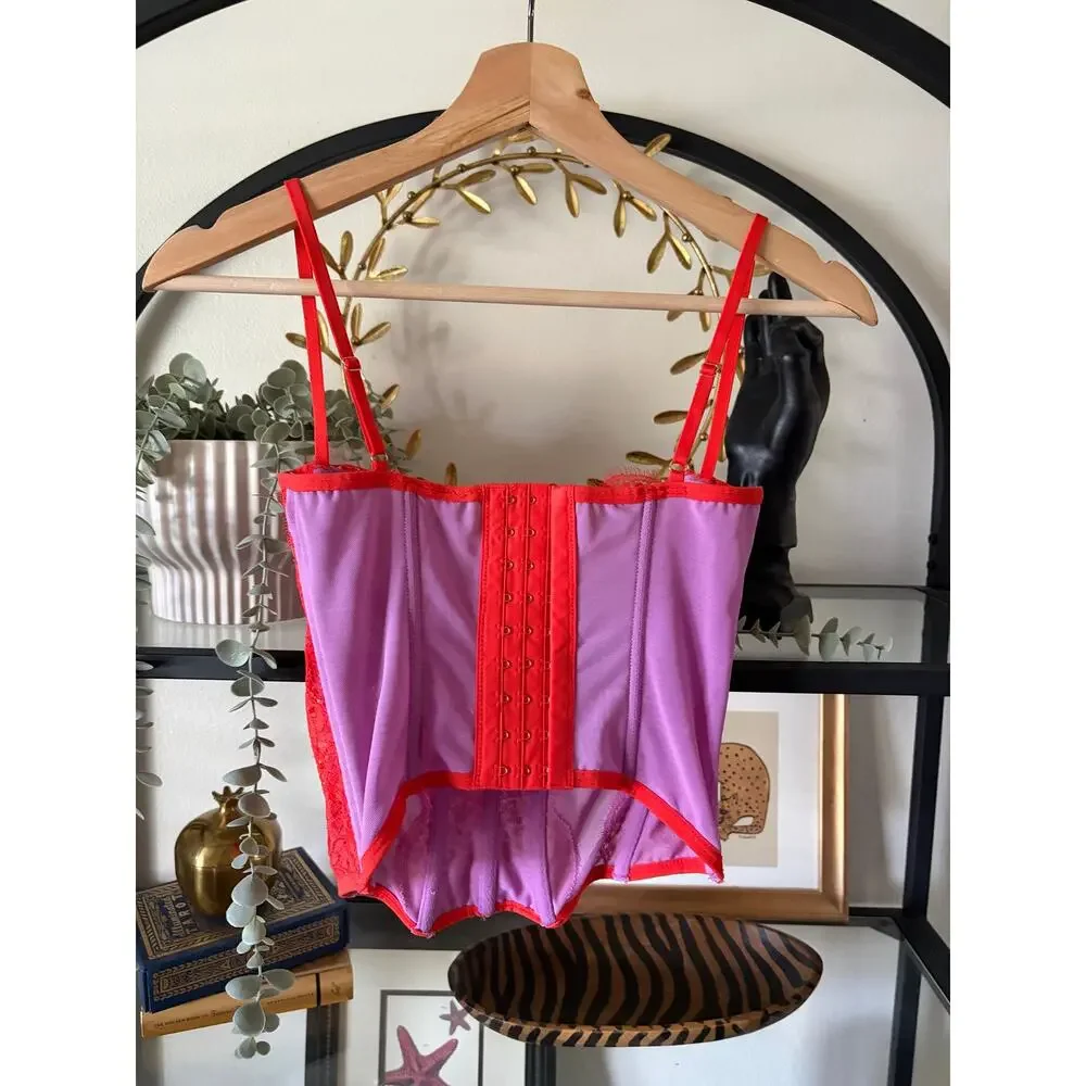 Out From Under Lace Mesh Corset Bustier Top Womens Small Red Underwire Sheer